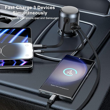 60W Retractable Car Charger, 3-in-1 USB-C Fast Charging Cigarette Lighter Adapter with Built-in Retractable Cable, Compatible with iPhone 16/15 Pro Max, Galaxy S25, iPad(Black)