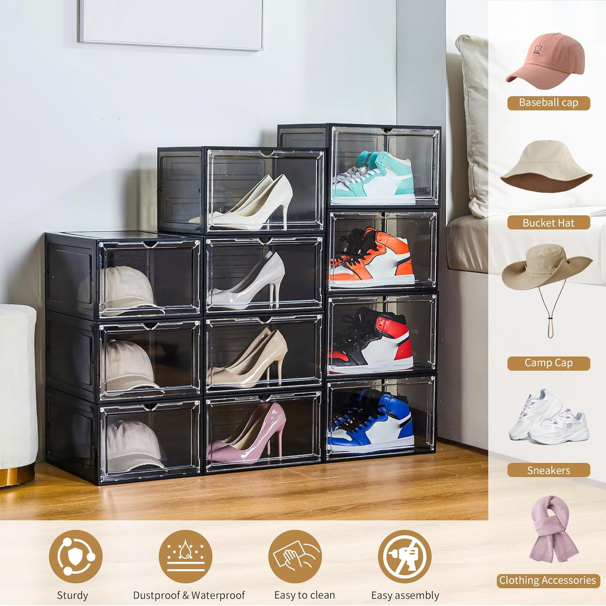 Attelite Upgrade Harder Solid Plastic Hat Organizer for Baseball Caps, 8 Pack Stackable Hat Storage Box with Clear Magnetic Door, Hat Rack(XL-Clear)
