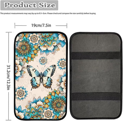 Butterfly Boho Center Console Cover for Car Soft Waterproof Armrest Cover Cushion Mandala Floral Armrest Seat Box Cover Protector for Most Vehicle SUV Truck Carssa