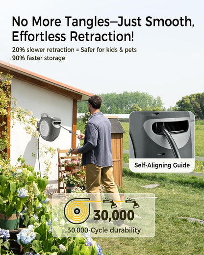 GLAHODEN Retractable Garden Hose Reel 1/2 in x 100 ft Upgraded UV Resistant Heavy Duty Automatic Hose Reel Wall Mount 3/4 in Brass Fitting 9 Pattern Nozzle Any Length Lock Slow Retraction 180° Swivel