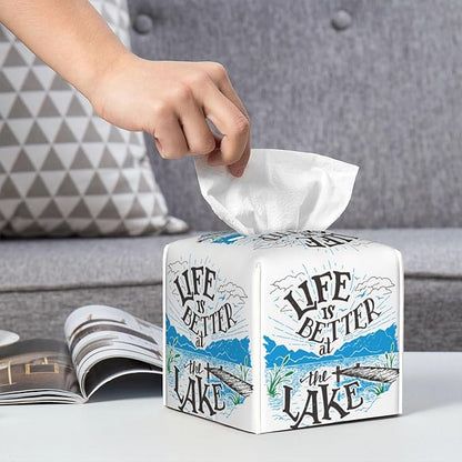 POIUBLE Leather Tissue Box Holder Life is Better at The Lake Tissue Box Cover Square Waterproof Tissue Holder Organizer Modern Napkin Holder for Bedroom Dresser Night Stand Office Desk