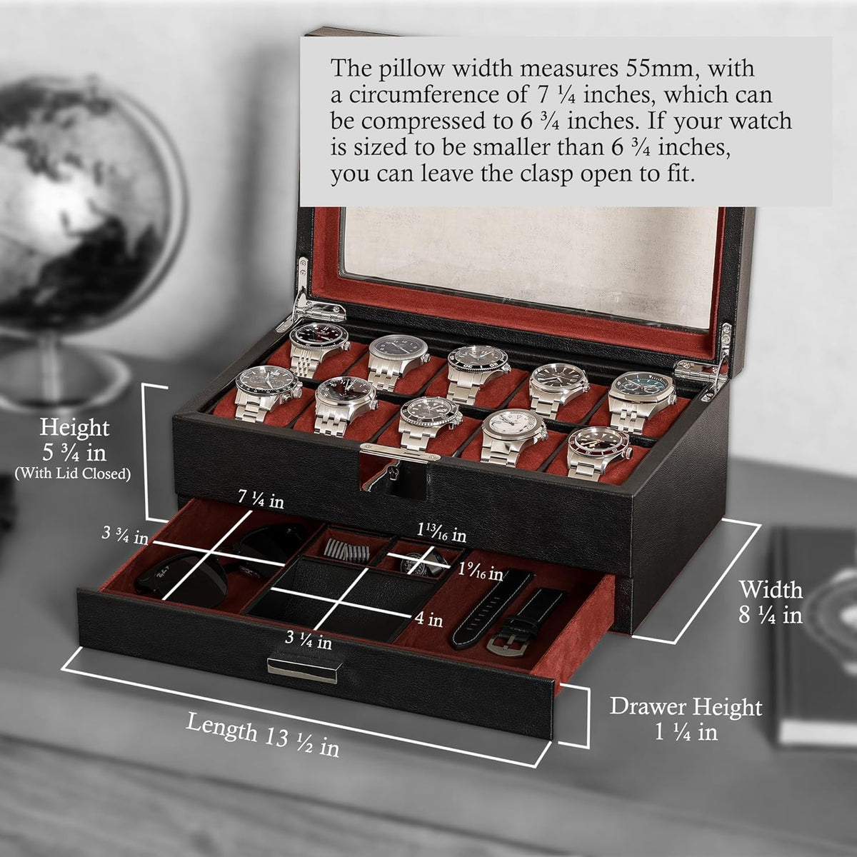 ROTHWELL 10-Slot Watch Box in Leather with Valet Drawer, Luxury Watch Case Display Organizer with Ultra Soft Microsuede Liner, Jewelry and Sunglass Holder With Large Glass top (Black/Red)