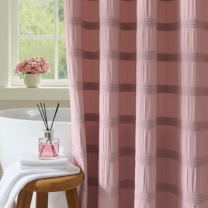 Lameirose Extra Long Pink Shower Curtain Farmhouse,72 x 84 Cotton Blend Waffle Tufted Striped Chic Textured Fabric Shower Curtain for Bathroom, Hotel, Washable