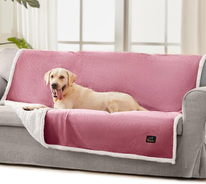 Luciphia Waterproof Bed Blanket Washable,Soft Sherpa Fleece Puppy Reversible Throw Blankets for Medium Large Dog Cat,Furniture Cover Protector Couch from Liquid Pee and Pet Fur,Pink White,65" x 57"