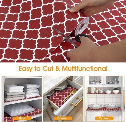 Shelf and Drawer Liner for Kitchen Cabinets Non-Adhesive, Strong Grip Non-Slip Thickened Cabinet Liners for Shelves, Waterproof Mats for Dresser Cupboard, Red/White, 12 in x 10 Feet