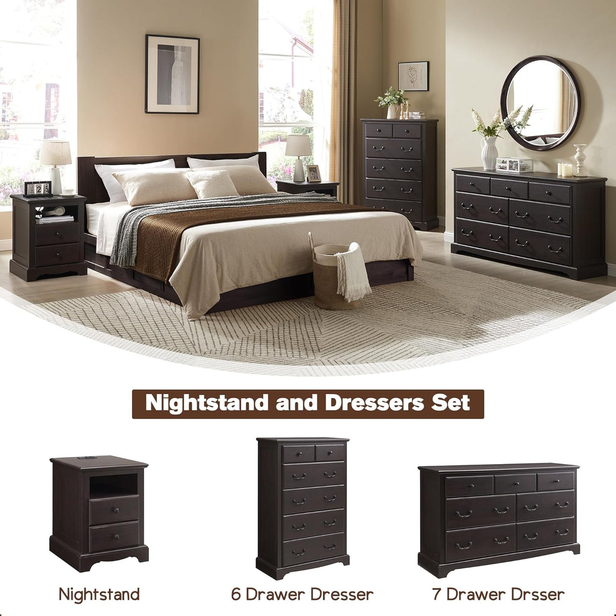 T4TREAM Nightstand with Charging Station, 18 Inch Vintage End Table with 2 Drawers for Living Room, Wood Rustic Sofa Side Table with Open Storage Shelf for Bedroom, Espresso