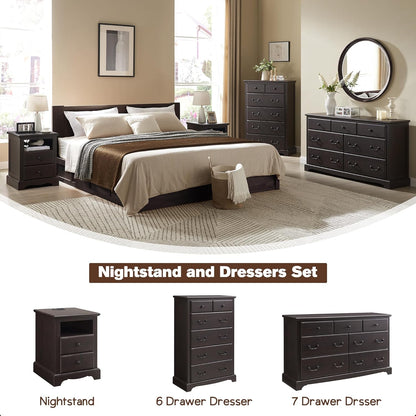 T4TREAM Nightstand with Charging Station, 18 Inch Vintage End Table with 2 Drawers for Living Room, Wood Rustic Sofa Side Table with Open Storage Shelf for Bedroom, Espresso