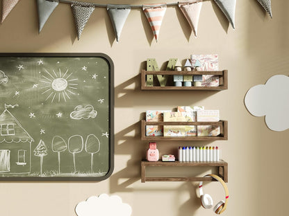 Upgraded Thick Floating Shelves - Multi-Use Wall-Mounted Bookshelves for Kids and Nursery, Ideal for Books, Toys, Spice Rack, Decor - Drak Walnut Brown