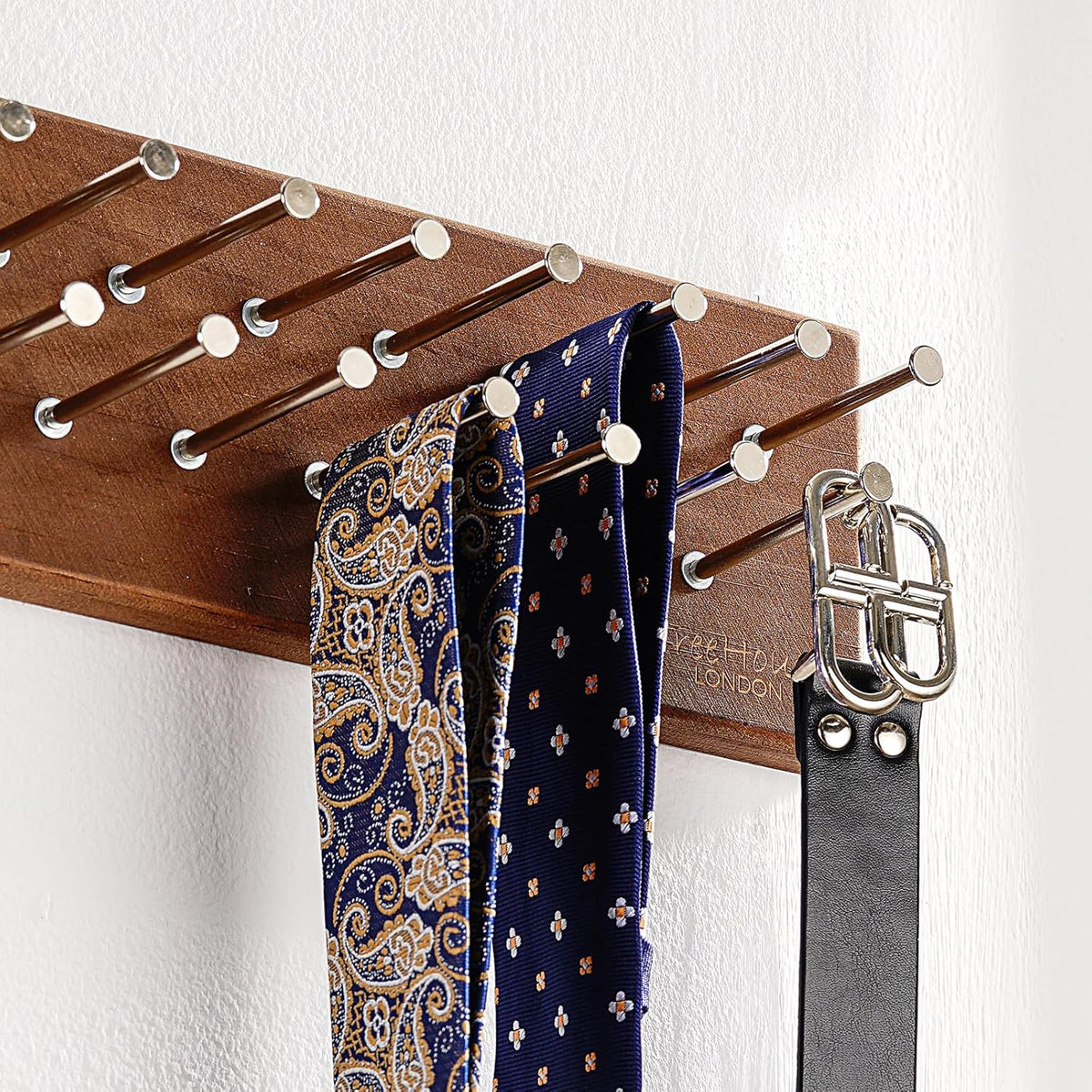 TreeHouse London Tie Rack Organizer – Holds 40 Large Ties – Solid Wood & Sturdy Metal Storage Holder for Closet – Wall Mounted Tie Display Hanger for Wall, Bedroom - (Walnut Tie Rack) 16" L X 4.25" H