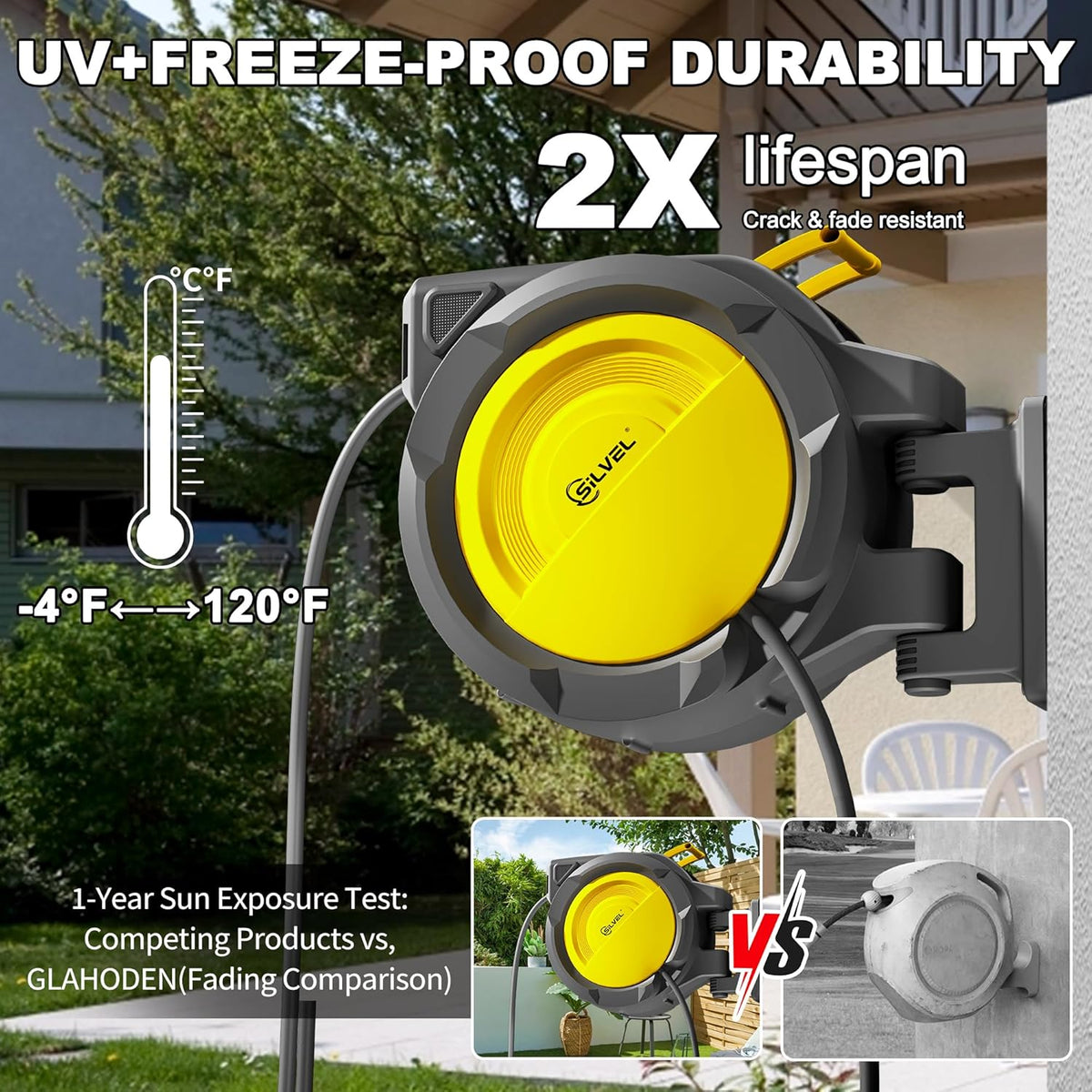 SILVEL Retractable Garden Hose Reel – 1/2 in x 150FT Heavy Duty Automatic Hose Reel Wall Mounted, UV Resistant with 10 Pattern Nozzle, Any Length Lock & Slow Return System, 180°Swivel Bracket, Yellow