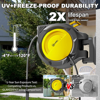 SILVEL Retractable Garden Hose Reel – 1/2 in x 150FT Heavy Duty Automatic Hose Reel Wall Mounted, UV Resistant with 10 Pattern Nozzle, Any Length Lock & Slow Return System, 180°Swivel Bracket, Yellow