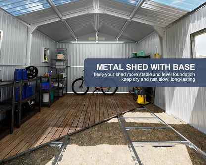 Restland 10x12 FT Outdoor Storage Shed with Floor Base Frame Metal Garden Shed with Clear Roof, Air Vent & Lockable Door Large Tool Storage House for Backyard, Garden, Lawn