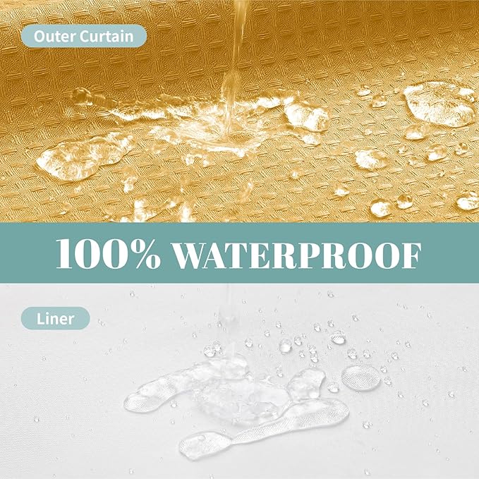 eachope Gold No Hook Waffle Weave Shower Curtain with snap-in Liner Replacement, 230GSM Waterproof Fabric Hotel Shower Curtain Set for Bathroom, Through Mesh Top Window,71Wx74H