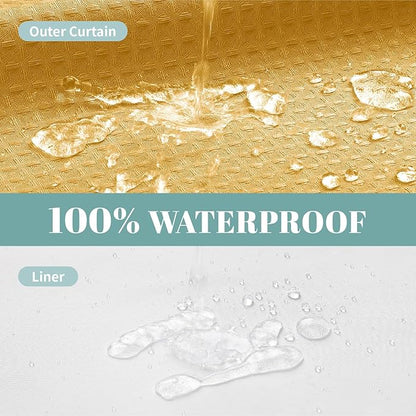 eachope Gold No Hook Waffle Weave Shower Curtain with snap-in Liner Replacement, 230GSM Waterproof Fabric Hotel Shower Curtain Set for Bathroom, Through Mesh Top Window,71Wx74H