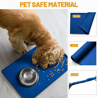 Hubulk Dog Feeding Mat,100% Waterproof Food Grade Silicone Pet Food and Water Bowl Placemat,Dishwasher, High Raised Edge to Prevent Spills,Nonslip Tray to Stop Messes on Floor（28"x18"x0.8", Navy）