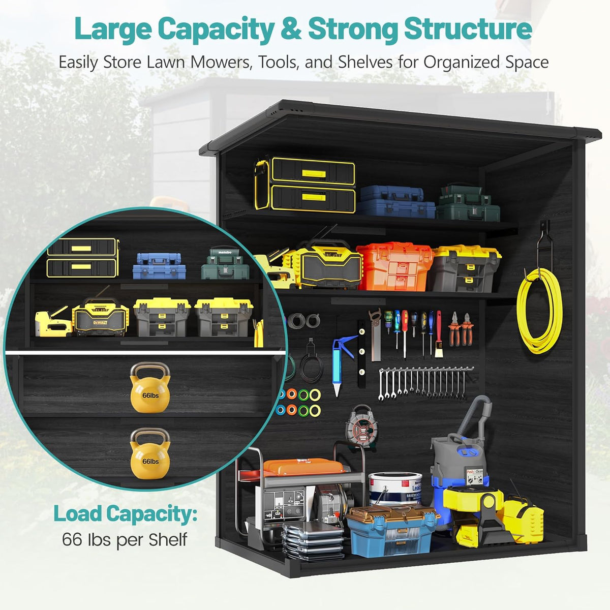Outdoor Storage Shed, 56.8 Cu.Ft Resin Shed, 4.6 x 5.6 FT Waterproof Garden Tool Shed with Double Doors & Adjustable Shelves, Backyard Storage Cabinet for Tools, Bikes & Patio Furniture (Darkgray)
