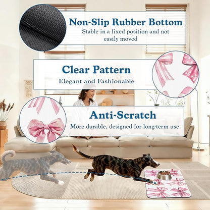 Pink Bows Dog Cat Food Mat–Christmas Stocking Absorbent Waterproof Placemat for Food and Water Bowls, Non Slip Rubber Backing, Feeding Mat for Clean Floors 12"x20"