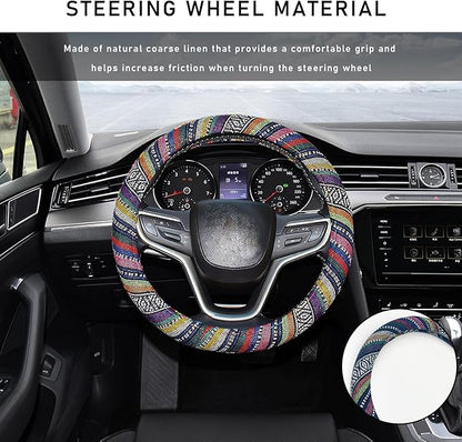 Boho Steering Wheel Cover, 15.0"×15.0" Anti-Slip Baja Blanket Ethnic Steering Wheel Protector, Breathable Flax Cloth Elastic Bohemian Steering Wheel Cover, Car Accessories (Style B)
