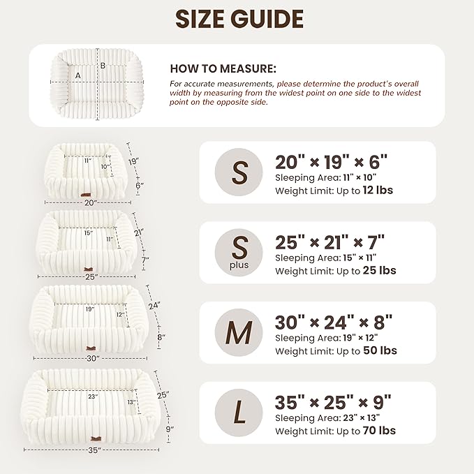 Warmrest Washable Dog Bed for Small Medium Dogs - Rectangle Orthopedic Corduroy Fleece Pet Bed with Removable Cover and Nonskid Bottom, Calming Puppy Bed Soft Pet Sofa, Cream(30x24x8inchs)