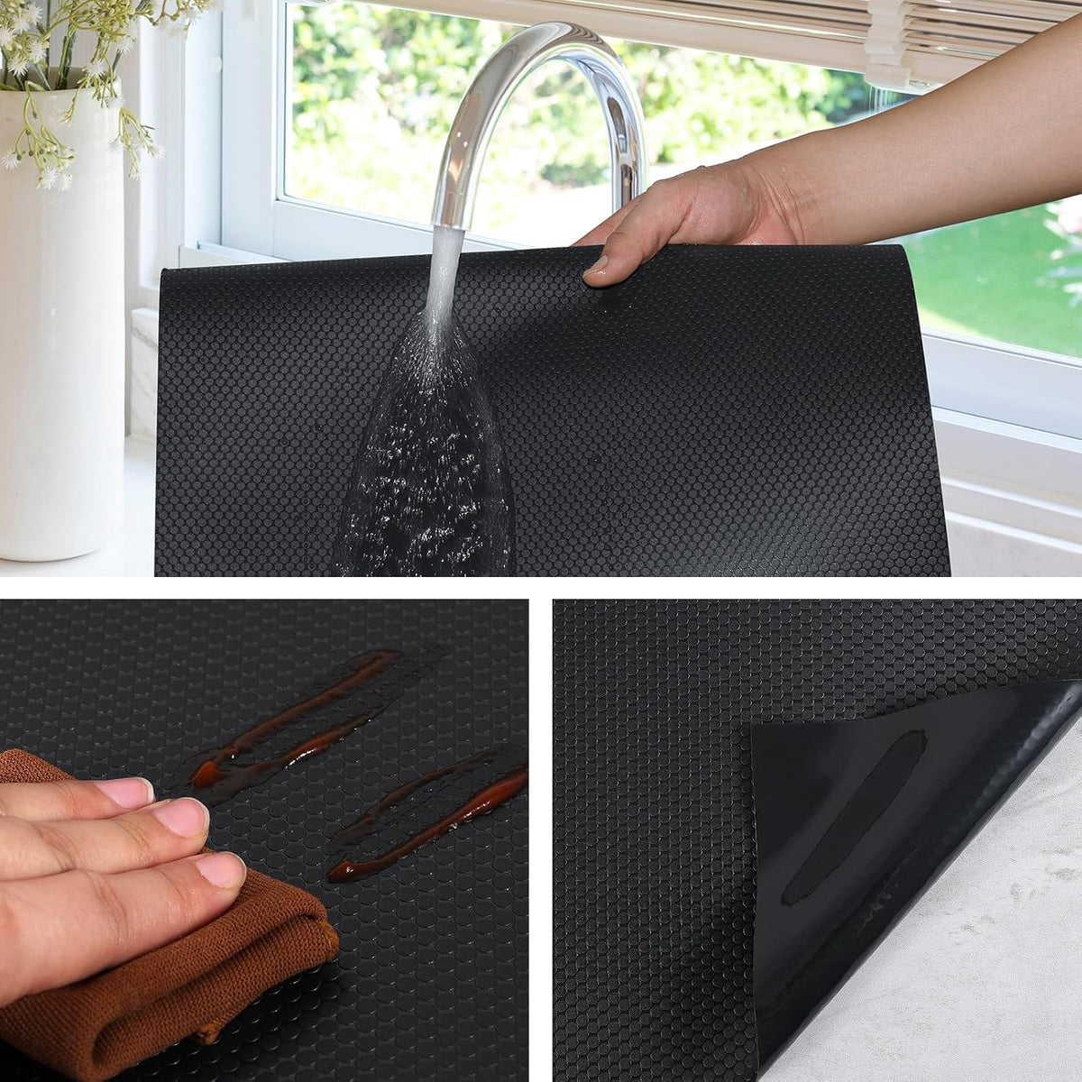 Black Shelf Liners for Kitchen Cabinets Non Adhesive Drawer Liner for Bathroom Waterproof Refrigerator Liners for Shelves Fridge Plastic Mats Cabinet Cupboard Liner 17.5 x 78.7 Inches