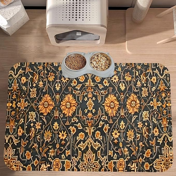 Turkish Carpet Design Dog Food Mat Absorbent Bowl Mats No Stains Quick Dry Waterproof Pet Cat Placemats for Food and Water, 30x45cm