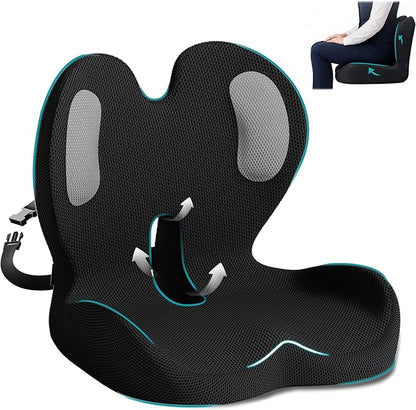 Memory Foam Seat Cushion,Office Chair Cushion with Lumbar Support,L-Shape Ergonomic Cushions with Strap,Non-Slip Sciatica,Hemorrhoids, Tailbone Pain Relief for Office Workers,Driver(Black+Mesh cloth)