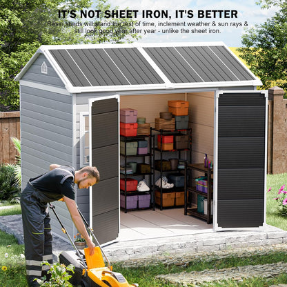 CDCASA 8x6 FT Resin Storage Sheds with Floor, Waterproof Large Outdoor Sheds and Adjustable Openable Windows,Outside Plastic Tool Shed for Backyard Garden Patio Lawn
