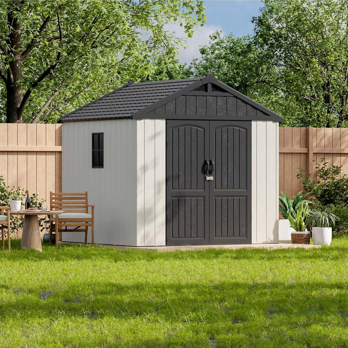 Patiowell 8x8 FT Outdoor Storage Shed, Plastic Shed Resin Garden Tool Shed with Floor & Window & Lockable Door for Patio Furniture, Backyard Tools, Bicycles & Lawnmower, Beige