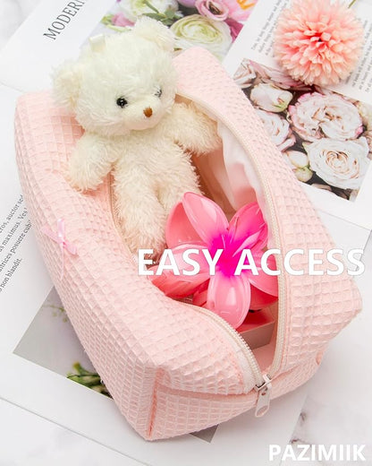 6PCS Cozy Makeup Bag Travel Cosmetic Bag for Women Soft Toiletry Bag Aesthetic Makeup Organizer Portable Large Zipper Pouch for Skincare Beauty Accessories Brushes Waffle Check Light Pink