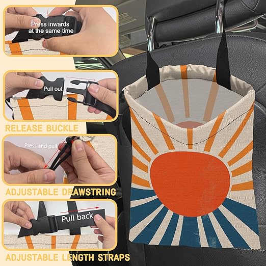 Vintage Sunburst Car Garbage Bag, Small Car Trash Bag Hanging Back of Seat,Drawstring Car Trash Bag with Adjustable Buckle,Car Accessories for Camping Travelling