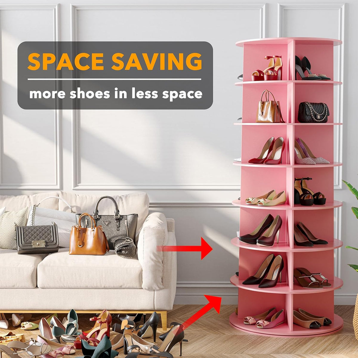 SpaceAid 7 Tier Rotating Shoe Rack Tower, Spinning Shoe Display Lazy Susan, Revolving 360 Shoe Rack Storage Round Carousel, Vertical Handbag Rotate Shoes Closet Organization (7-Tier Pink)