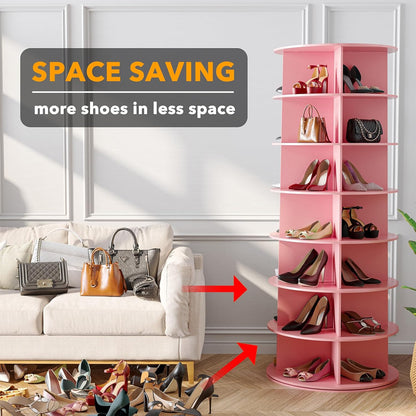 SpaceAid 7 Tier Rotating Shoe Rack Tower, Spinning Shoe Display Lazy Susan, Revolving 360 Shoe Rack Storage Round Carousel, Vertical Handbag Rotate Shoes Closet Organization (7-Tier Pink)