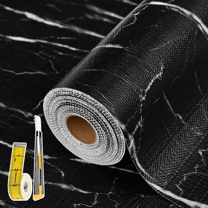 Drawer and Shelf Liner for Kitchen Cabinet: 23 in X 20 Ft Non Slip Waterproof Shelf Paper Non Adhesive Refrigerator Liners Black Marble Easy Liners for Bathroom with Knife Tape Measure
