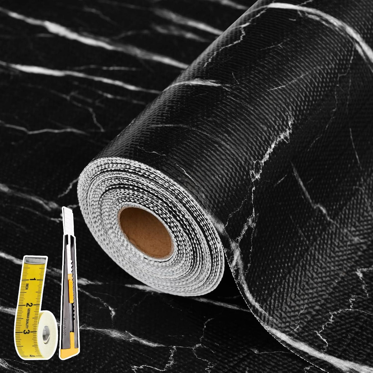 Drawer and Shelf Liner for Kitchen Cabinet: 12 in X 30 Ft Non Slip Waterproof Shelf Paper Non Adhesive Refrigerator Liners Black Marble Easy Liners for Bathroom with Knife Tape Measure