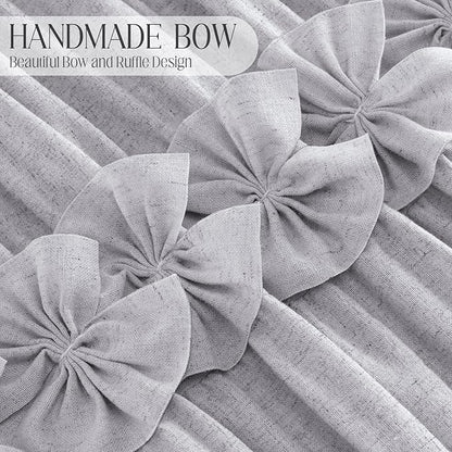 XOGUIBO Ruffle Shower Curtain with Handmade Bow Tie, Grey Linen Vintage Farmhouse Shower Curtain for Bathroom, 72" W x 72" H
