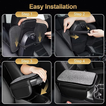 Bling Center Console Cover Fit for Toyota Land Cruiser with 2 Storage Bags Fully Diamond-Studded Style Center Console Armrest Cover with Total Protection(Silver Diamond)