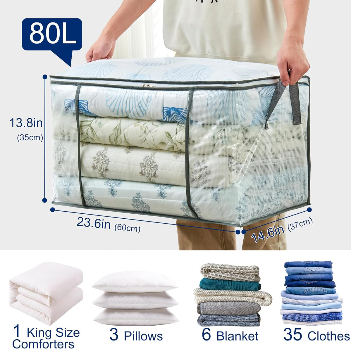 80L Clear Large Storage Bag, Clothes Storage Containers for Organizing Closet, Bedroom, Underbed, Comforters, Clothing, Blankets, Pillow, Foldable Organizer with Sturdy Handle and Zippers (4)