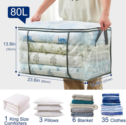 80L Clear Large Storage Bag, Clothes Storage Containers for Organizing Closet, Bedroom, Underbed, Comforters, Clothing, Blankets, Pillow, Foldable Organizer with Sturdy Handle and Zippers (4)