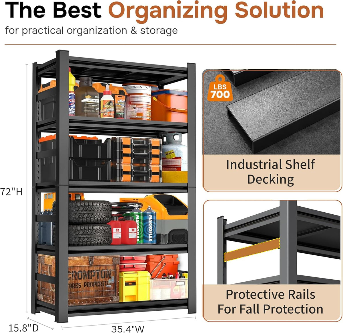 72" H Garage Shelving 5 Tier Shelving Unit, 3500Lbs Adjustable Metal Garage Storage Shelves Heavy Duty for Basement, Warehouse, Kitchen, Pantry (72'H X 35''W X 16''D)