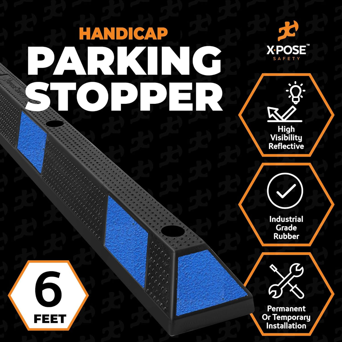 Xpose Safety 72" Heavy Duty Rubber Parking Stopper – Bulk Full Pallet 50 Pack Wheel Blocks for Garage, Driveway, or Ramp – Car Bumper Stop with Blue Reflective Strips – Removable Floor Mount