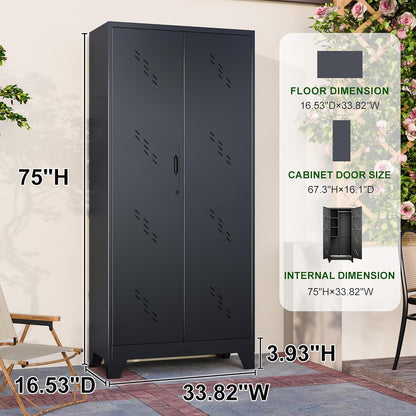 Garage Storage Cabinet 75" H,Tall Storage Shed with Lockable Doors and Stainless Steel Bottom, Black Tools Utility Chests for Office, Garage, Warehouses