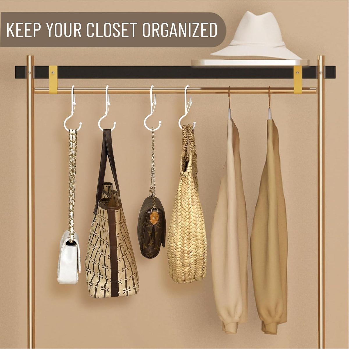 6 Purse Hanger for Closet. Tote Hanger. S-Shaped Hooks S Hooks Twist Design. Anti Drop S-Shaped Hook for Hanging Handbags with Safety Buckle to Prevent Falls. Heavy Duty. (White, Twisted)