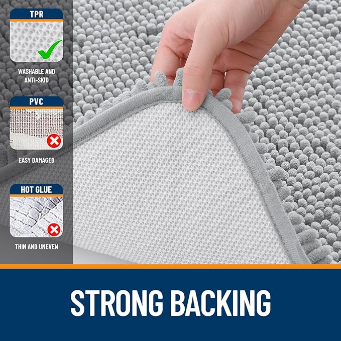 OLANLY Bathroom Rugs 59x20, Extra Soft Absorbent Chenille Bath Rugs, Rubber Backing Quick Dry, Machine Washable Bath Mats for Bathroom Floor, Tub and Shower, Home Decor Accessories, Light Grey