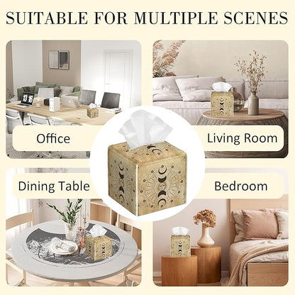 POIUBLE Leather Tissue Box Holder Moon Phases Tissue Box Cover Astrology Square Waterproof Tissue Holder Organizer Modern Napkin Holder for Bedroom Dresser Night Stand Office Desk