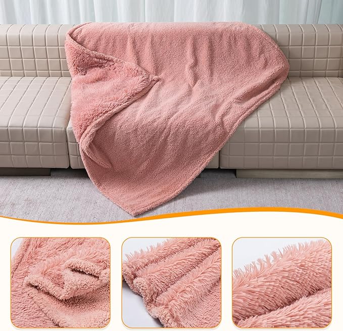 Wowchine Waterproof Dog Blanket Pink Fluffy Long Faux Fur Pet Throw Blankets 28x20in for Couch Love Bed Cover Washable(Pink,XS)