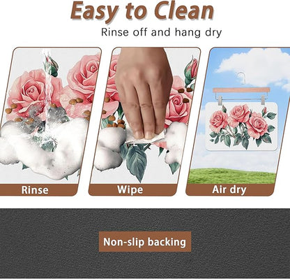 Pink Rose Pet Feeding Mat,Vintage Absorbent Quick-Dry Cat Dog Food and Water Bowl Mats,Non-Slip Rubber Backing Mat,Cat Dog Accessories Supplies 12"x20"