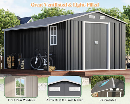 AMERLIFE 10.6x10.3x6.3 FT Galvanized Metal Storage Shed with Open Firewood Bay, Sliding Doors & Ramp, 2 Windows & Vents, Weather-Resistant Outdoor Tool/Garden Shed, Dark Grey/White