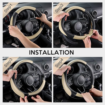 SEG Direct Car Steering Wheel Cover for Medium Standard Size Steering Wheels with 14 1/2-15 inches Outer Diameter, Black and Beige Microfiber Leather