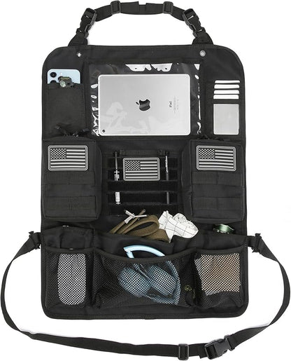 Tactical Car Seat Back Organizer Set Upgraded Tactical Molle Seatback Cover Protector Universal Fit Vehicles Truck MPV Pickup (Black with 2 Pouches)