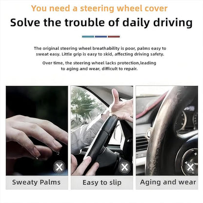 Car Steering Wheel Cover, 15 inch Microfiber Leather Carbon Fiber Soft Anti-Slip Breathable, Universal Size Elastic Car Accessory for Most Cars (Beige)